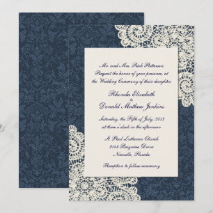 Chic Country Denim Damask & Ivory Lace Wedding 2 Invitation