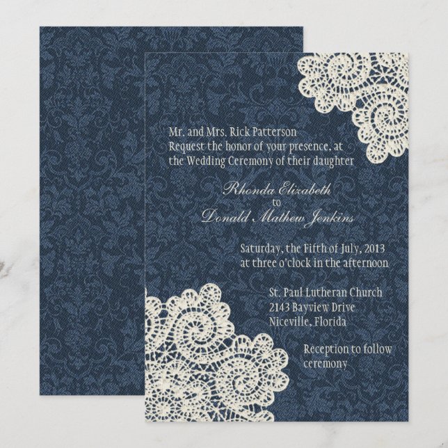 Chic Country Denim Damask & Ivory Lace Wedding 3 Invitation (Front/Back)