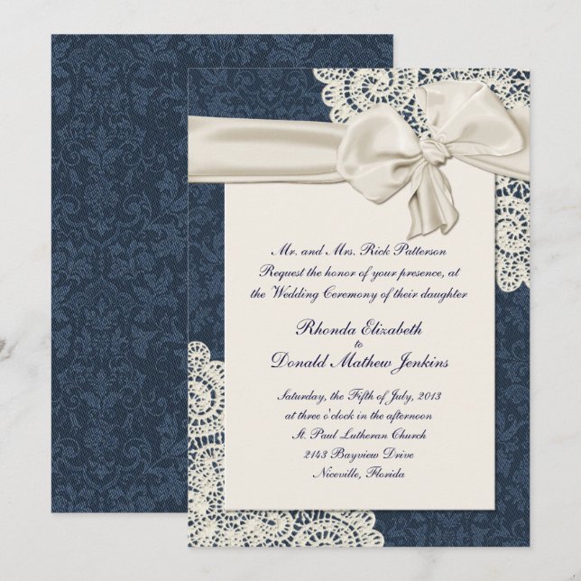 Chic Country Denim Damask & Ivory Lace Wedding Invitation (Front/Back)