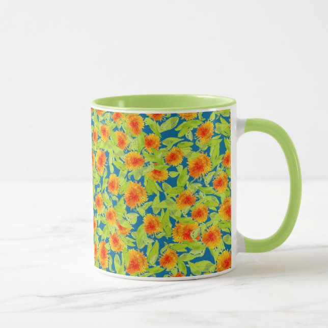 Chic Country Orange Marigolds Pattern on Blue Mug (Right)