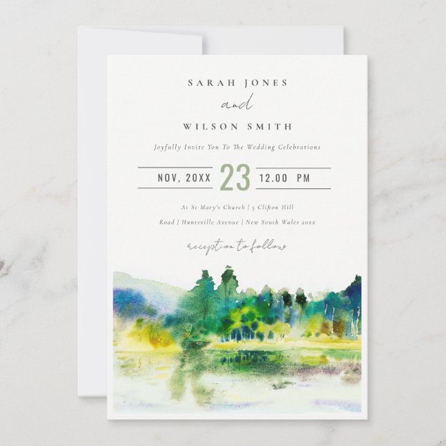 Chic Countryside Mountain River Landscape Wedding Invitation (Front)