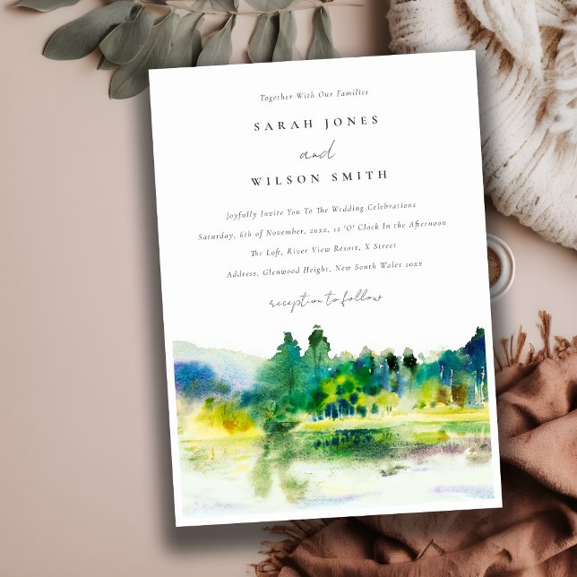 Chic Countryside Mountain River Landscape Wedding Invitation (Creator Uploaded)