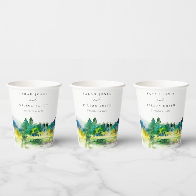 Chic Countryside Mountain River Landscape Wedding Paper Cups (Multi)