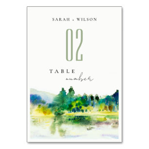 Chic Countryside Mountain River Landscape Wedding Table Number