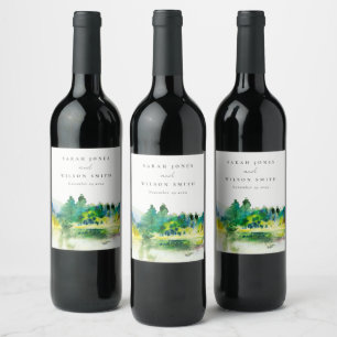 Chic Countryside Mountain River Landscape Wedding Wine Label