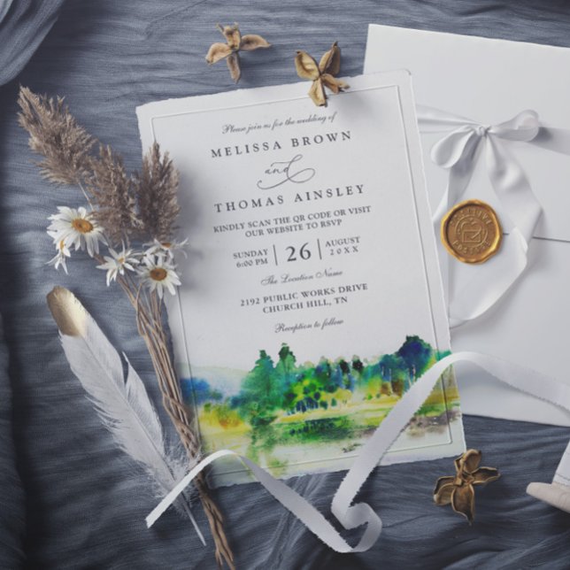 Chic Countryside Mountain River QR Code Wedding Invitation (Creator Uploaded)
