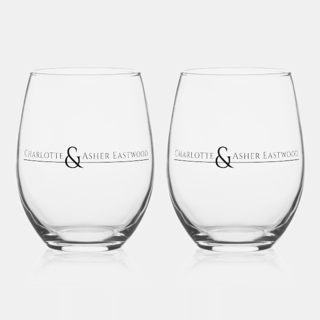 Chic Couple Name Wedding Stemless Wine Glass (Front)