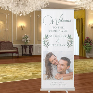 Chic Couple Photo Botanical Leaf Wedding Retractable Banner