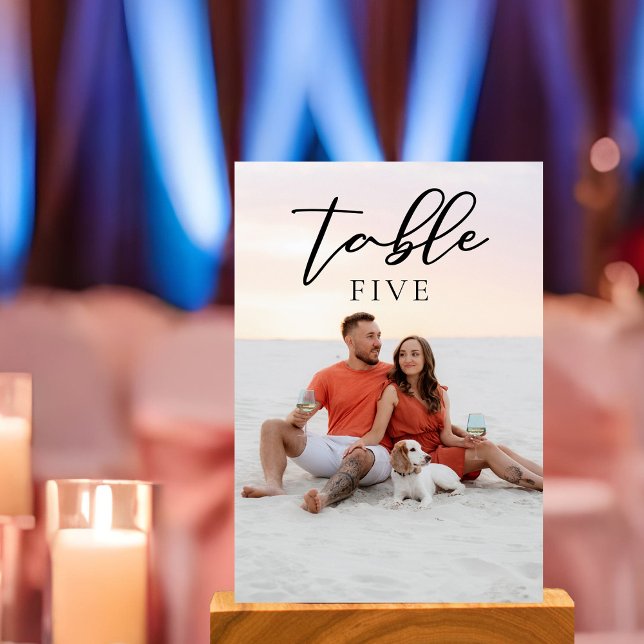 Chic Couple Photo Wedding Black Script Overlay Table Number (Creator Uploaded)
