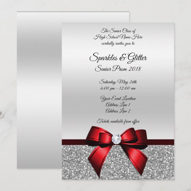Chic Cranberry Bow & Silver Glitter Prom Invitation (Front/Back)