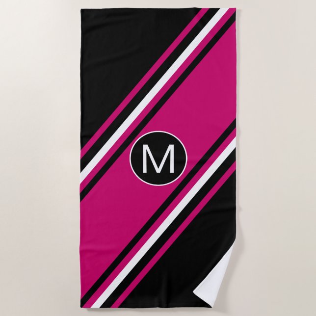 Chic cranberry pink black and white monogram beach towel (Front)