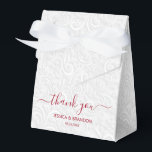Chic Cranberry Red Calligraphy Thank You Favour Box<br><div class="desc">Elegant white on white filigree print pattern with your names and thank you in chic cranberry red (or any colour) lettering on the front,  these ribbon closure tent style party favour boxes are beautiful for wedding favours,  bridal shower favours or any special occasion.</div>