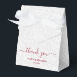Chic Cranberry Red Calligraphy Thank You Favour Box<br><div class="desc">Elegant white on white filigree print pattern with your names and thank you in chic cranberry red (or any colour) lettering on the front,  these ribbon closure tent style party favour boxes are beautiful for wedding favours,  bridal shower favours or any special occasion.</div>