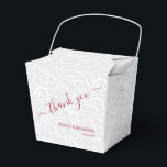Chic Cranberry Thank You White Filigree Wedding Favour Box<br><div class="desc">Elegant white on white filigree print pattern with your names and thank you in cranberry red (or any colour) lettering on the front,  these takeout style party favour boxes are beautiful for wedding favours,  bridal shower favours or any special occasion.</div>