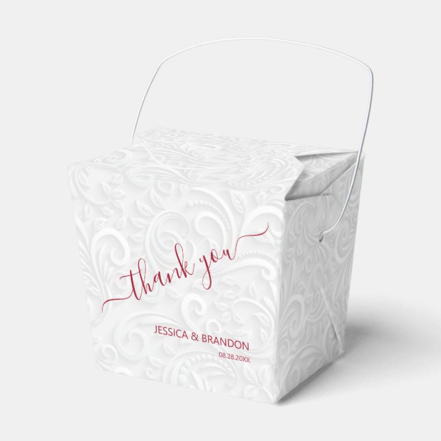 Chic Cranberry Thank You White Filigree Wedding Favour Box (Front Side)