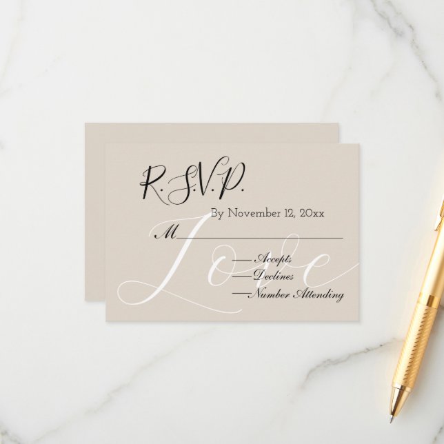Chic Cream Beige White Love RSVP Enclosure Card (Front/Back In Situ)
