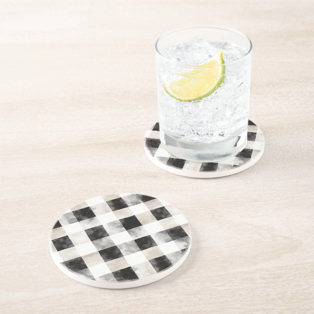 Chic Cream Black Plaid Christmas Coaster (Side)