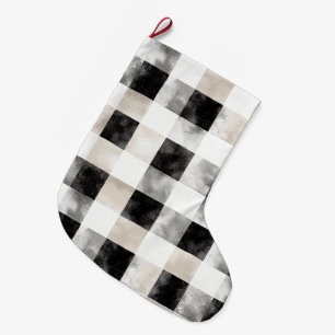 Chic Cream Black Plaid Christmas Large Christmas Stocking