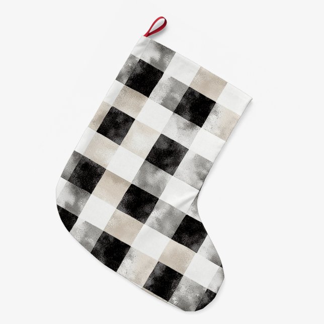 Chic Cream Black Plaid Christmas Large Christmas Stocking (Front (Hanging))