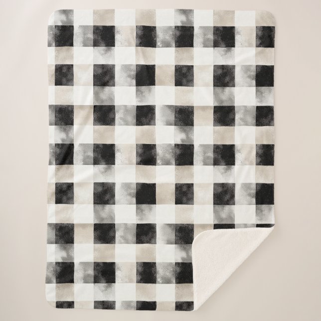 Chic Cream Black Plaid Christmas Sherpa Blanket (Front)