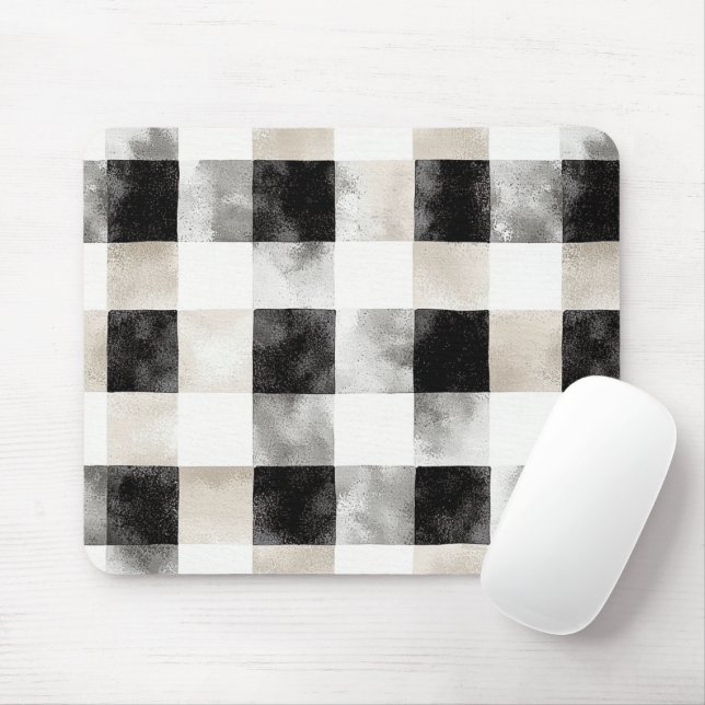 Chic Cream Black Plaid Stripes Mouse Mat (With Mouse)