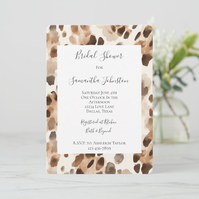 Chic Cream Brown Leopard Animal Bridal Shower Invitation (Standing Front)