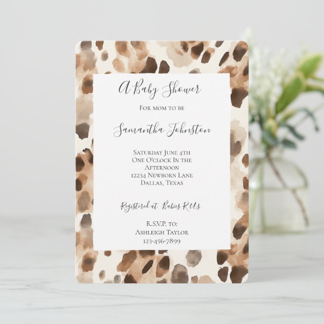 Chic Cream Brown Leopard Animal Print Baby Shower Invitation (Standing Front)