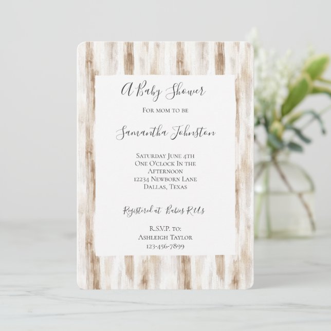 Chic Cream Brown Stripes Baby Shower Invitation (Standing Front)