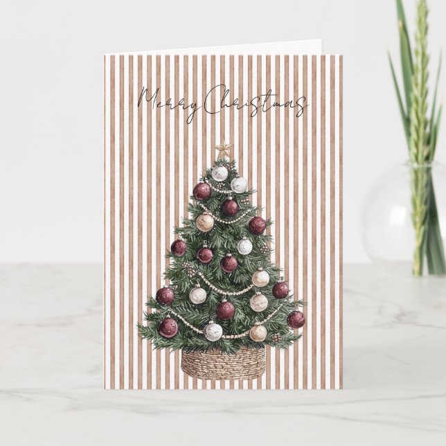 Chic Cream Brown Stripes Christmas Tree Card (Front)