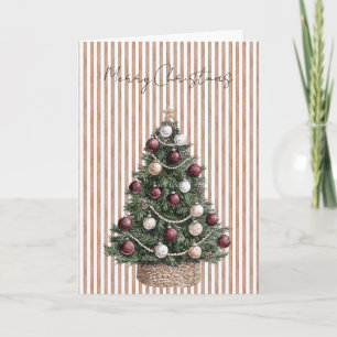 Chic Cream Brown Stripes Christmas Tree Card