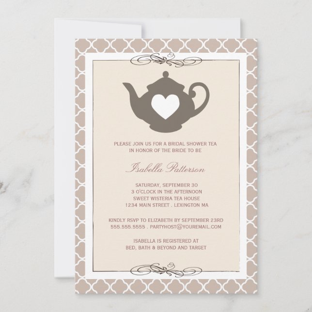 Chic Cream & Brown Teapot Bridal Shower Tea Party Invitation (Front)