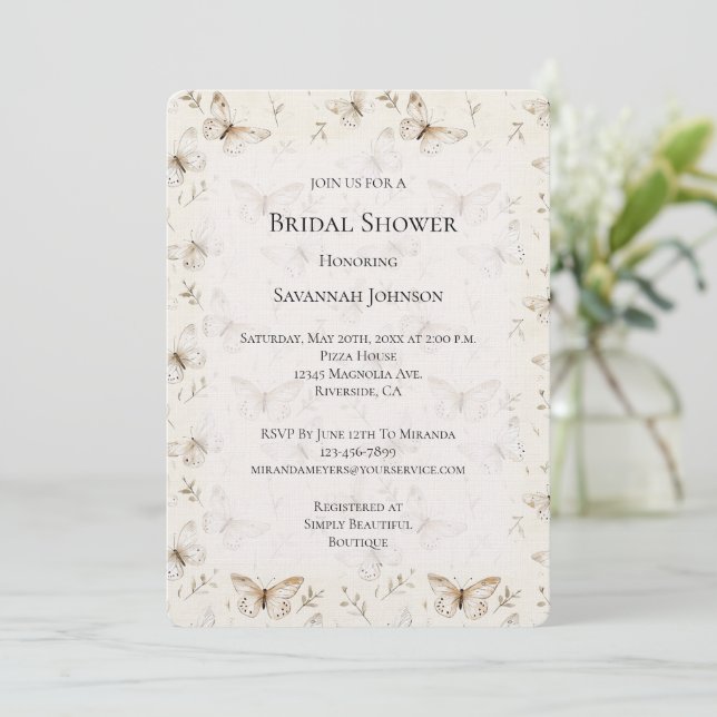 Chic Cream Butterflies Birthday Bridal Shower Invitation (Standing Front)