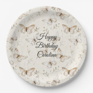 Chic Cream Butterflies Birthday Paper Plate