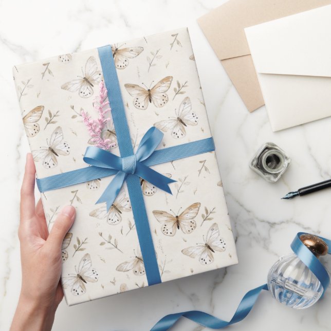Chic Cream Butterflies Birthday Wrapping Paper (Gifting)