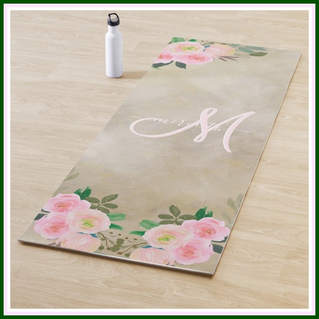 Chic Cream Floral Custom Monogram Name   Yoga Mat (Creator Uploaded)