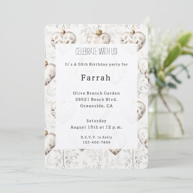 Chic Cream Grey Hearts Ornaments Birthday   Invitation (Standing Front)