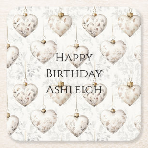 Chic Cream Grey Hearts Ornaments Birthday Square Paper Coaster