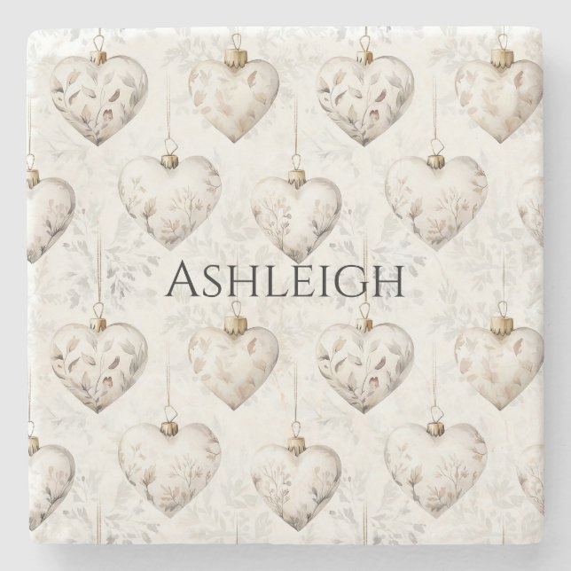 Chic Cream Grey Hearts Ornaments Stone Coaster (Front)