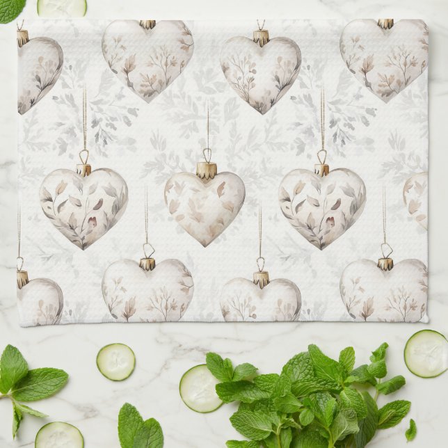 Chic Cream Grey Hearts Ornaments   Tea Towel (Folded)