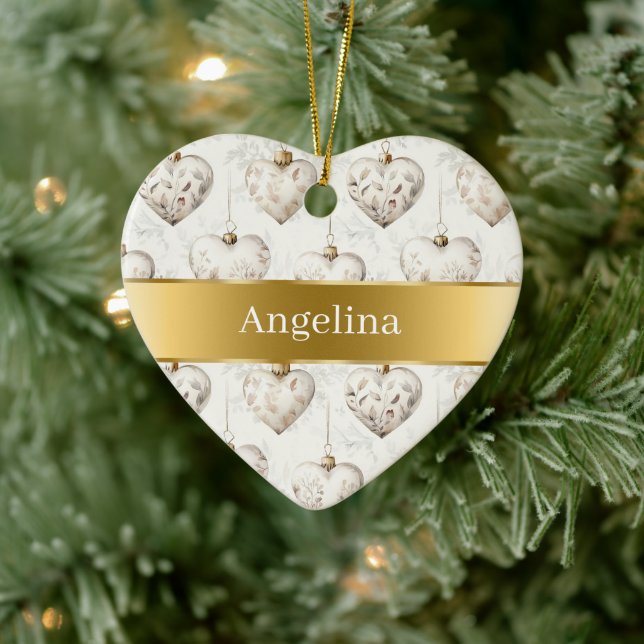 Chic Cream Hearts Gold Ribbon Christmas Ceramic Tree Decoration (Tree)