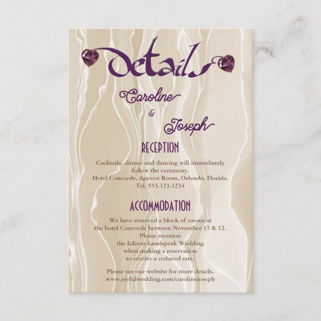 Chic Cream Silk & Violet Heart Gems Wedding Detail Enclosure Card (Front)