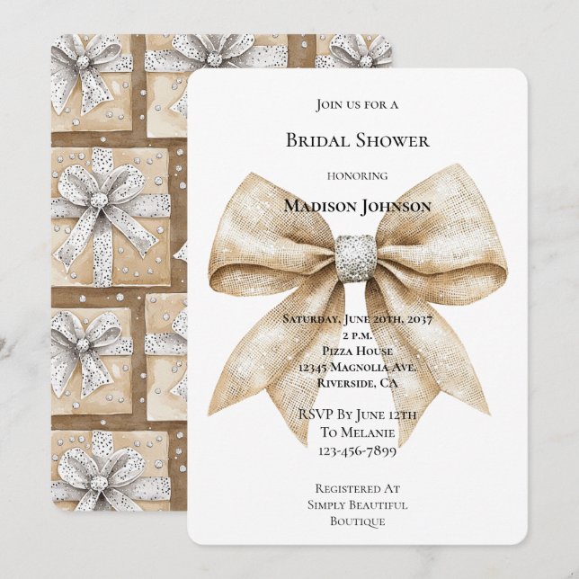 Chic Cream Silver Glam Bow Bridal Shower Invitation (Front/Back)