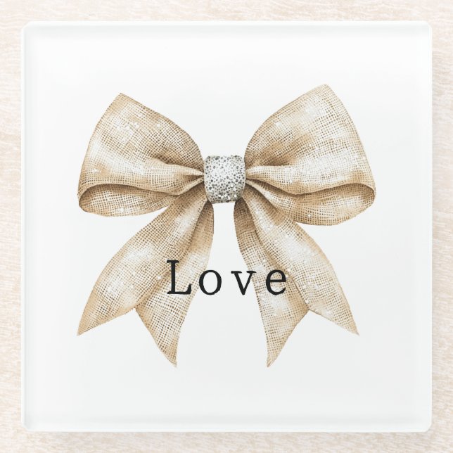 Chic Cream Silver Glam Bow Love Glass Coaster (Front)