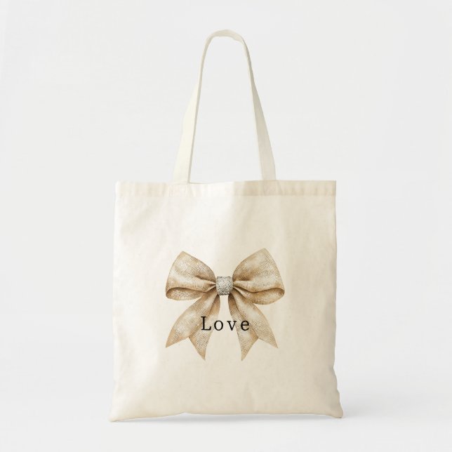 Chic Cream Silver Glam Bow Love Tote Bag (Front)