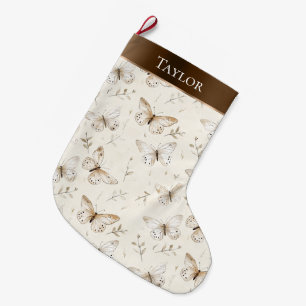 Chic Cream White Brown Butterflies Christmas Large Christmas Stocking
