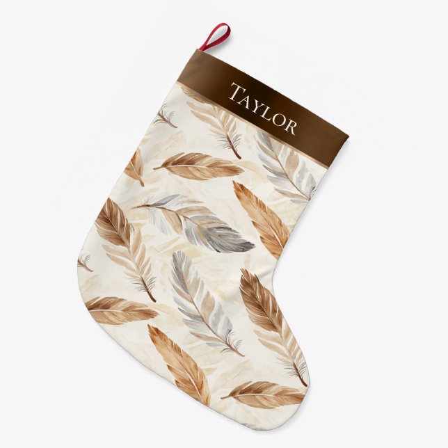 Chic Cream White Brown Feathers Christmas   Large Christmas Stocking (Front (Hanging))