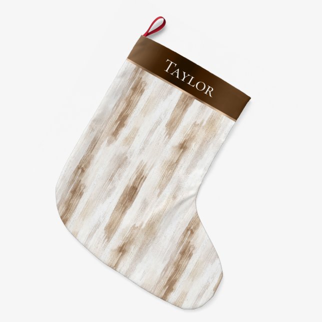 Chic Cream White Brown Stripes Christmas   Large Christmas Stocking (Front (Hanging))