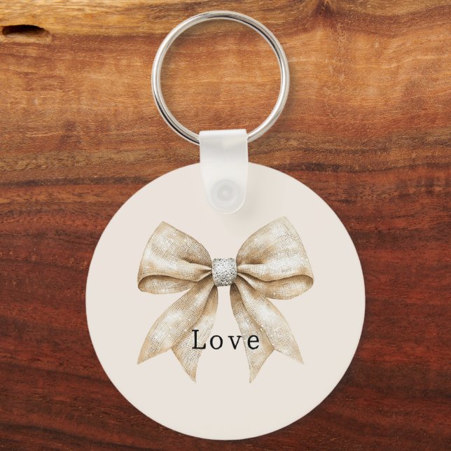 Chic Cream White Silver Glam Bow Love Key Ring (Front)