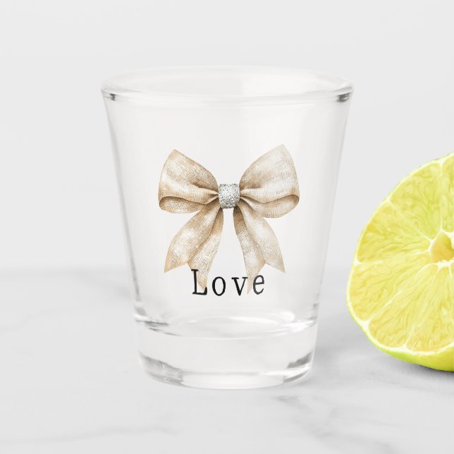 Chic Cream White Silver Glam Bow Love Shot Glass (Front)