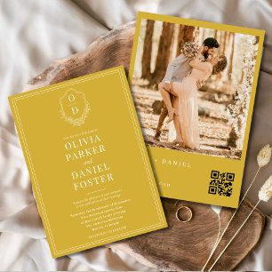 Chic Crest Gold Champagne QR Code Photo Wedding Invitation